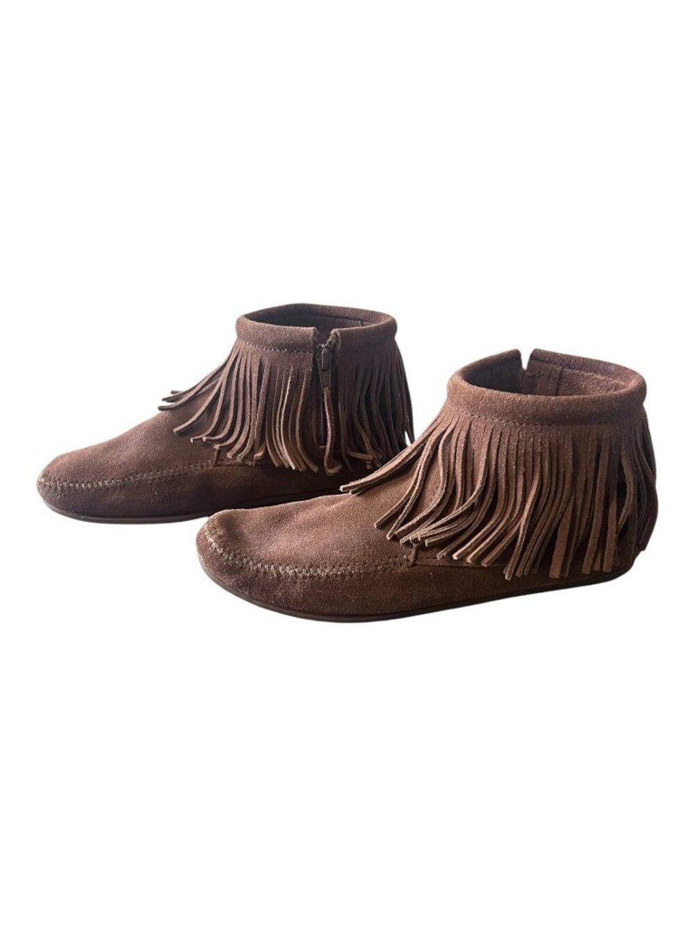 Minnetonka Brown Suede Fringe Ankle Moccasin Boots Womens Size 7.5 Side Zipper